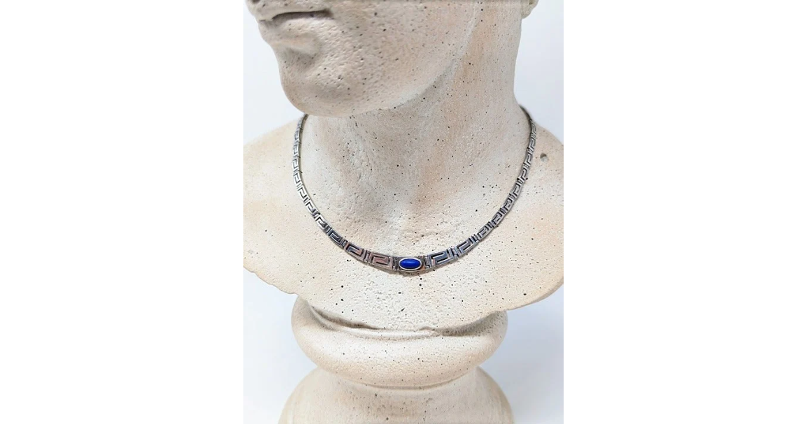 Vintage Silver Greek Key Design Necklace with Lapis Lazuli Center-Stone
