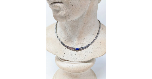 Vintage Silver Greek Key Design Necklace with Lapis Lazuli Center-Stone