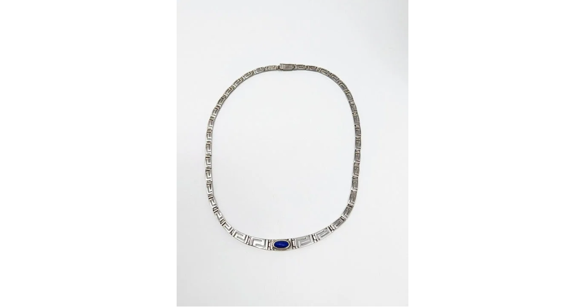 Vintage Silver Greek Key Design Necklace with Lapis Lazuli Center-Stone