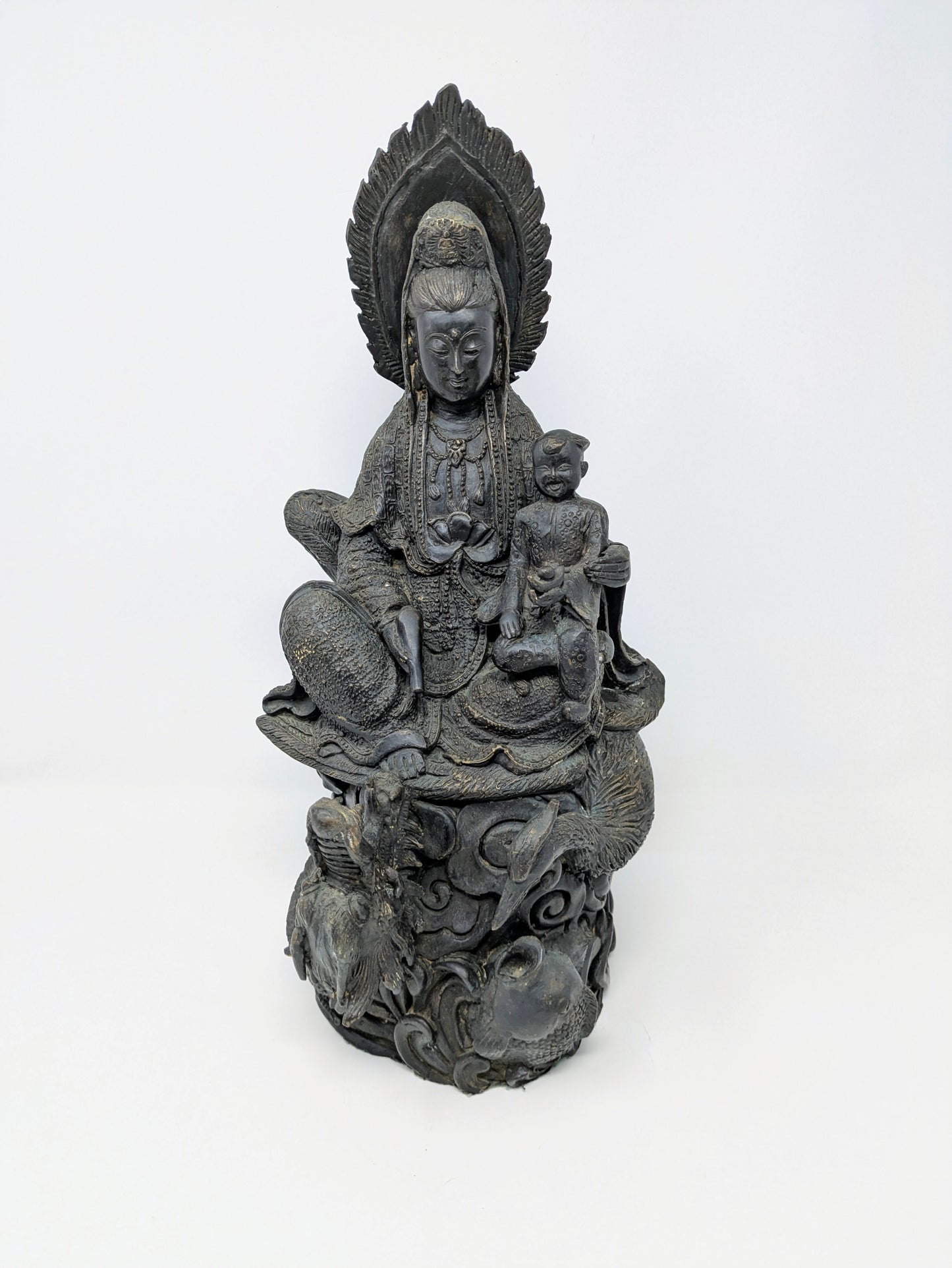 Chinese Bronze Statue: Guanyin Holding Child on Dragon & Peacock