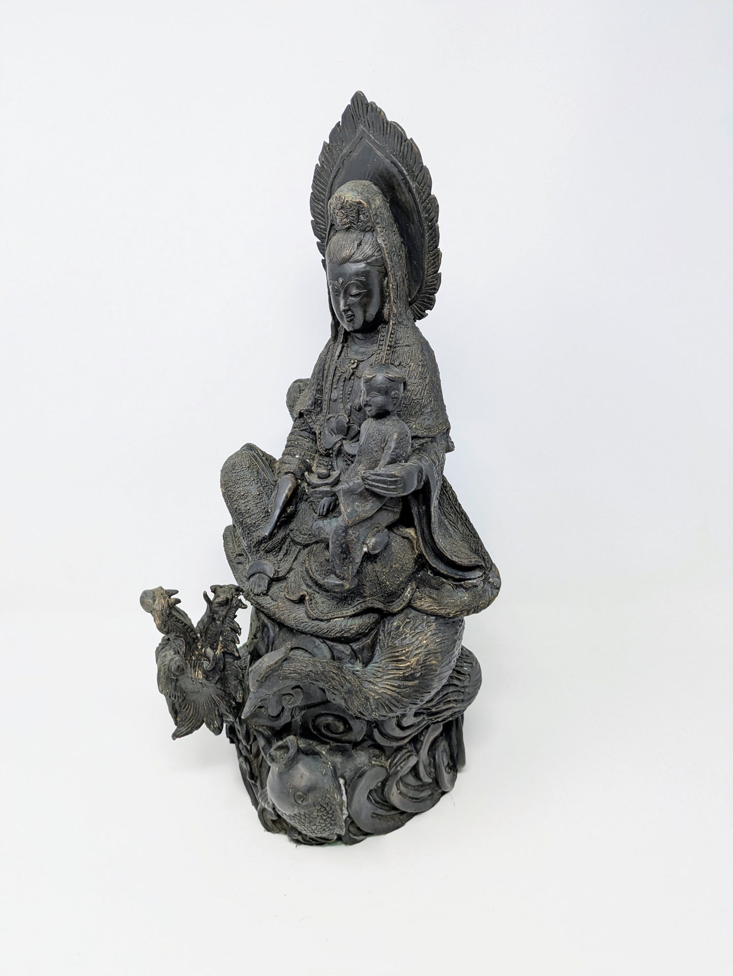 Chinese Bronze Statue: Guanyin Holding Child on Dragon & Peacock