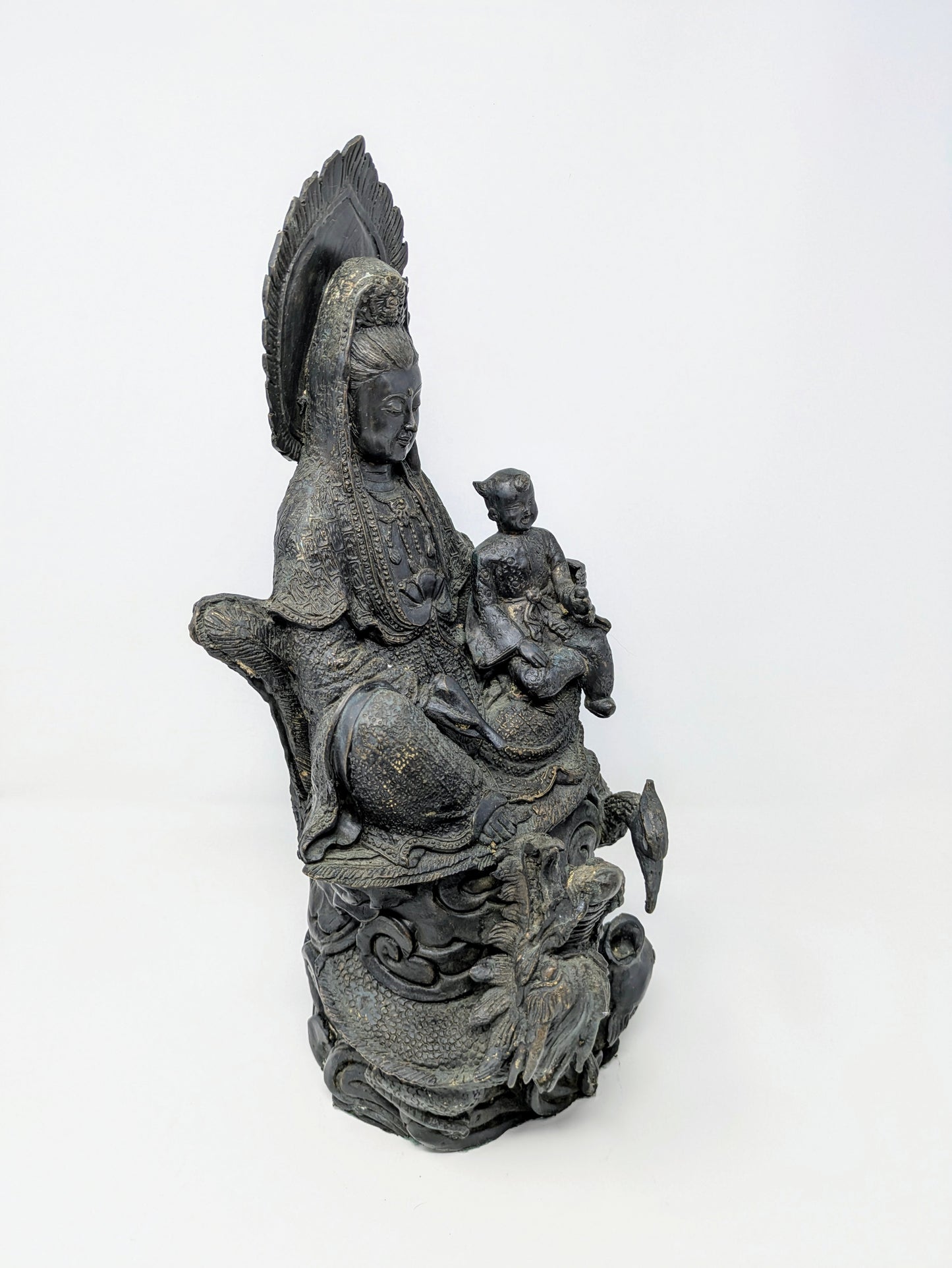 Chinese Bronze Statue: Guanyin Holding Child on Dragon & Peacock