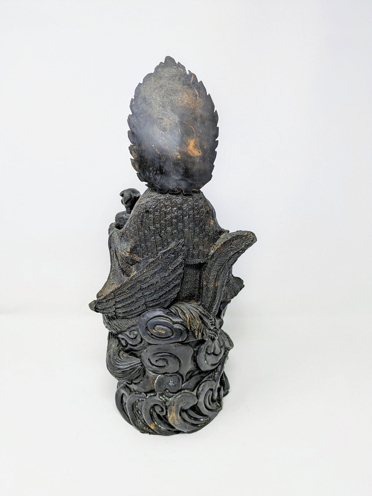 Chinese Bronze Statue: Guanyin Holding Child on Dragon & Peacock