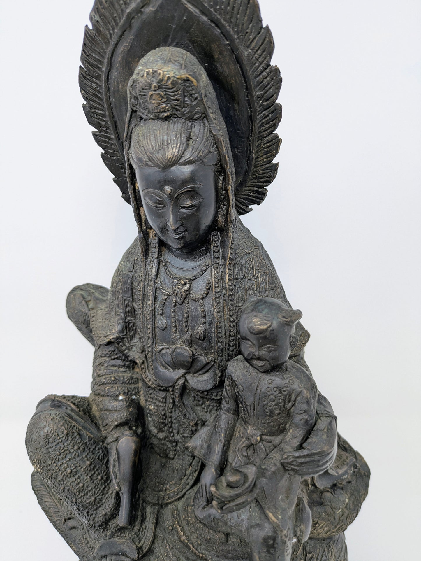 Chinese Bronze Statue: Guanyin Holding Child on Dragon & Peacock