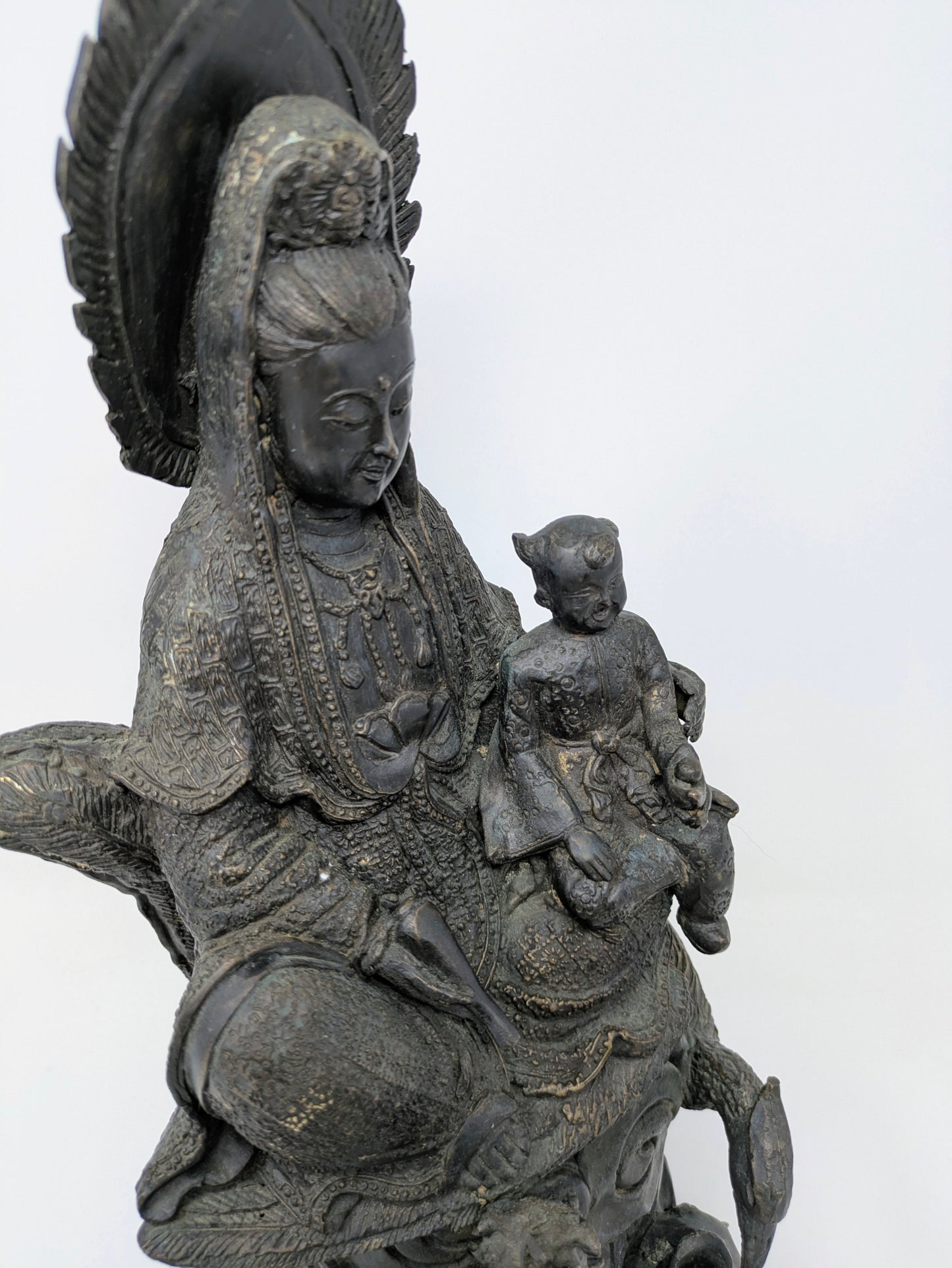 Chinese Bronze Statue: Guanyin Holding Child on Dragon & Peacock