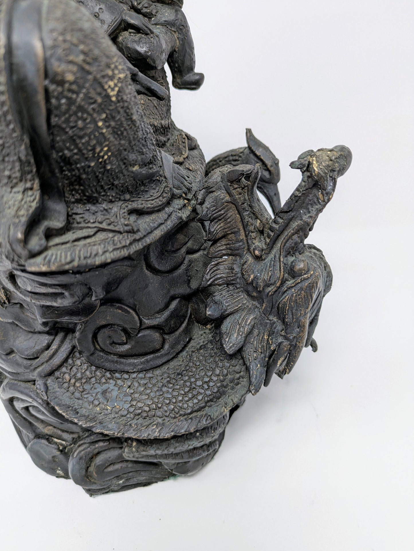 Chinese Bronze Statue: Guanyin Holding Child on Dragon & Peacock
