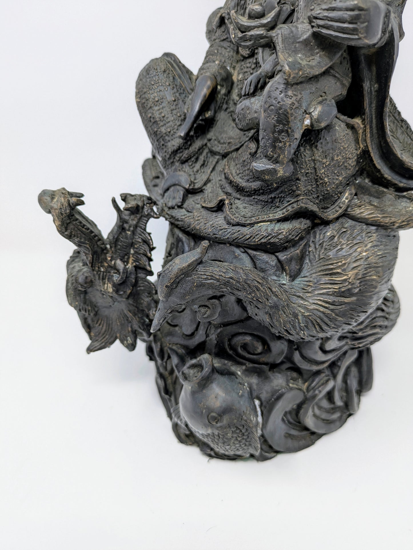 Chinese Bronze Statue: Guanyin Holding Child on Dragon & Peacock