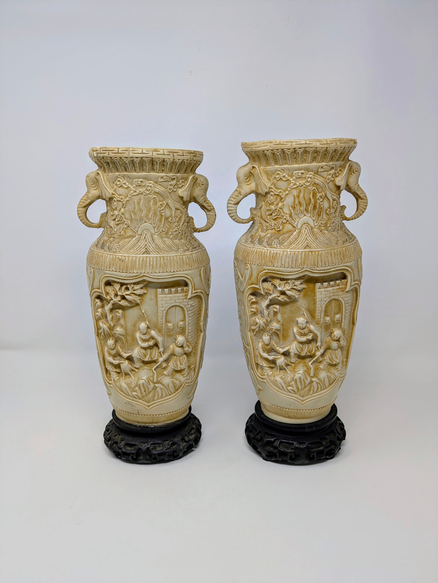 Vintage Ornate Chinese Composite Resin Carved Vases
