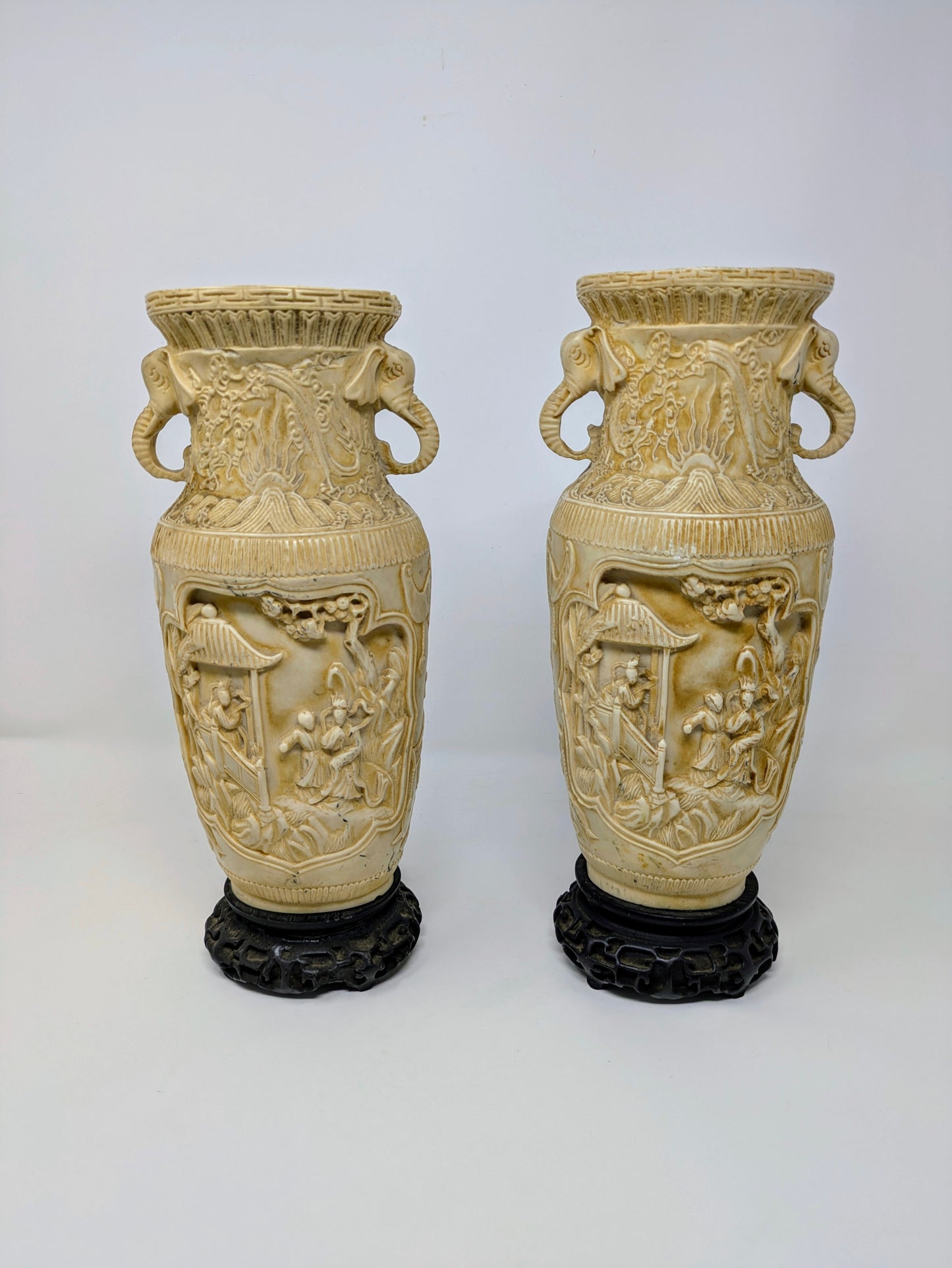 Vintage Ornate Chinese Composite Resin Carved Vases