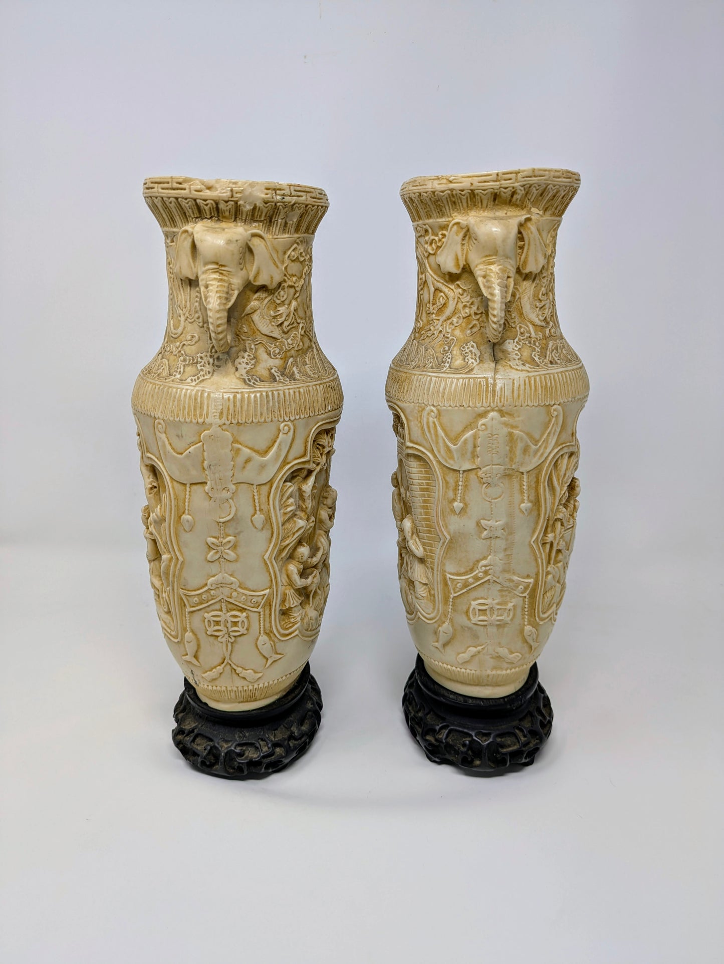 Vintage Ornate Chinese Composite Resin Carved Vases