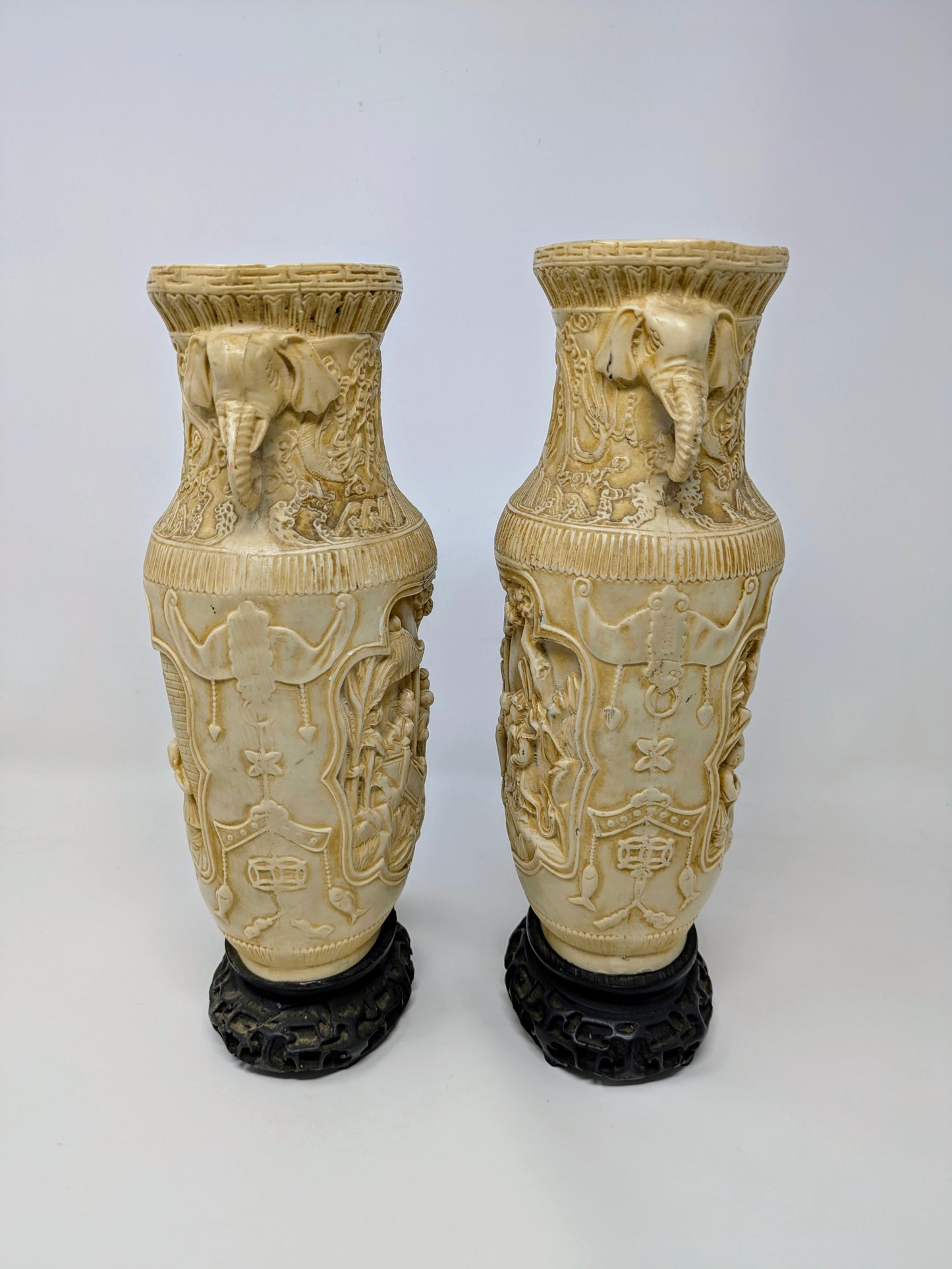 Vintage Ornate Chinese Composite Resin Carved Vases