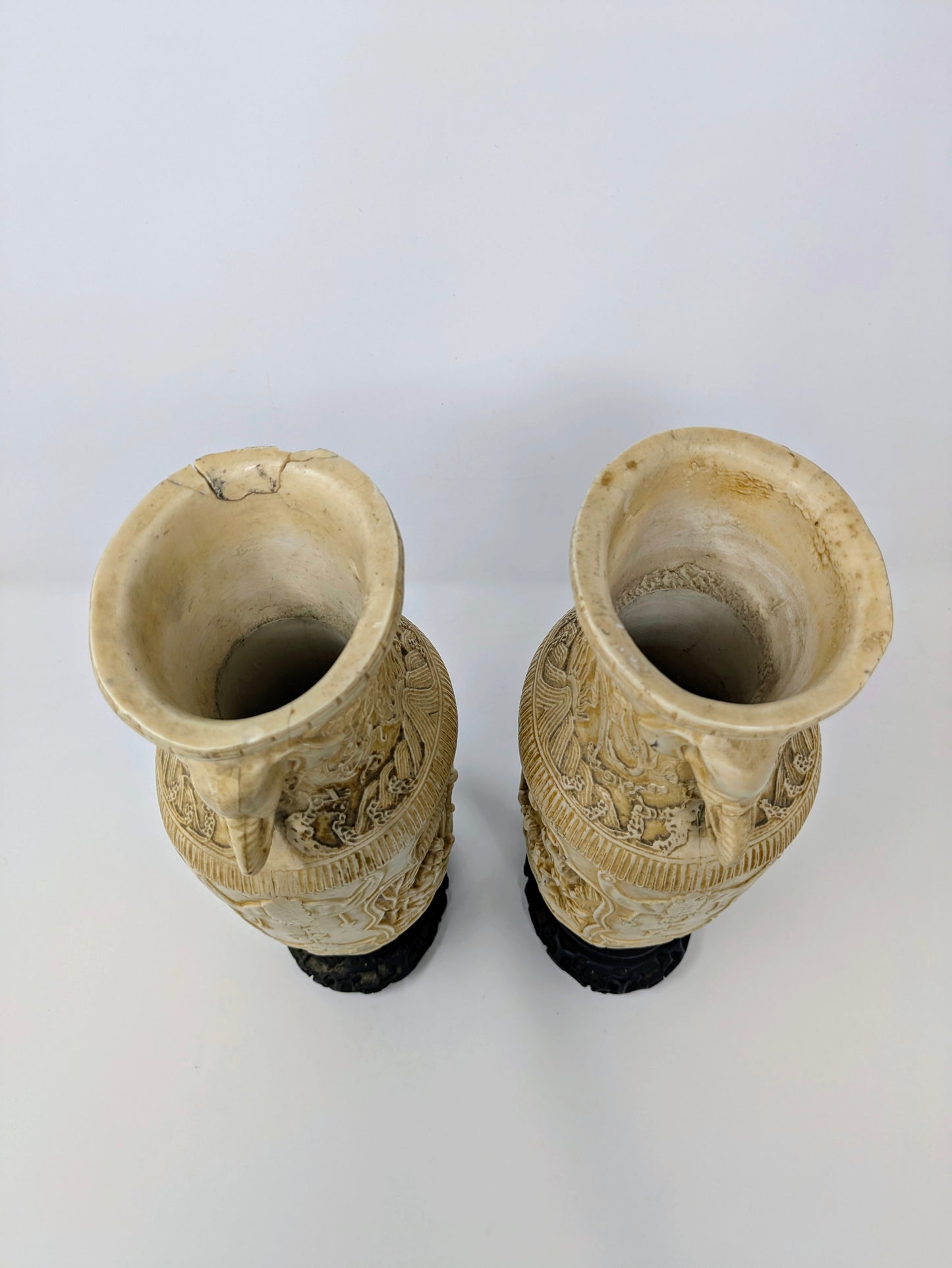 Vintage Ornate Chinese Composite Resin Carved Vases