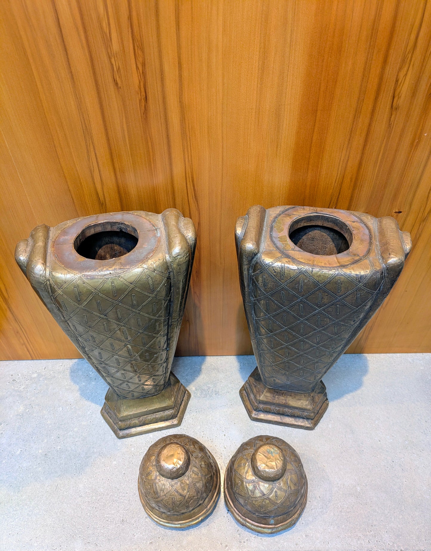 Vintage Middle Eastern Hammered Copper & Wood Urns