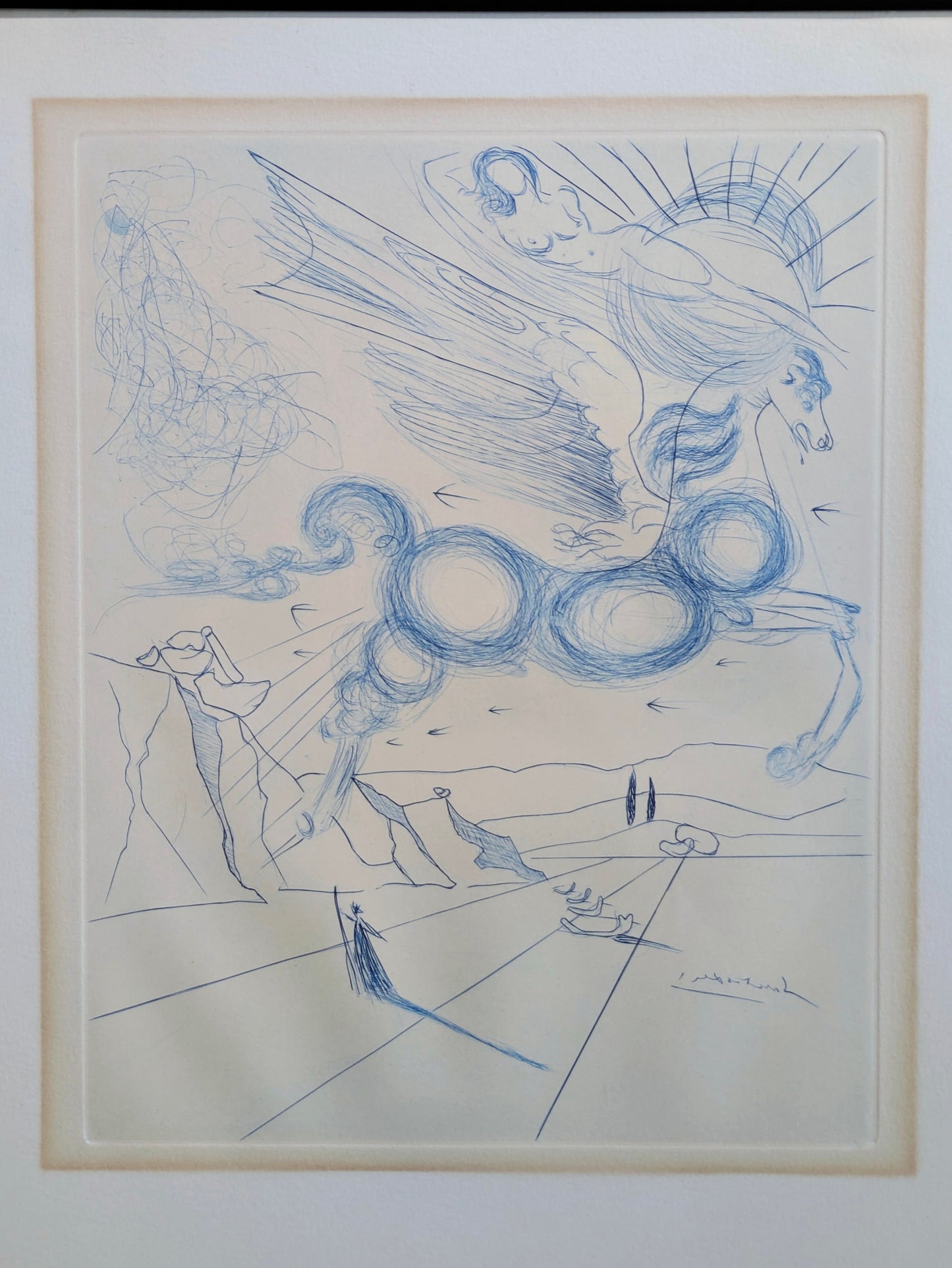 1970s Etching by Salvador Dali: Pegasus in Flight with Angel