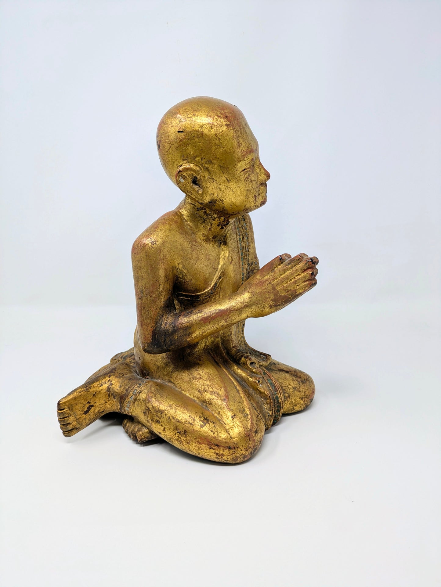 19th Century Burmese Lacquered Wood Statue: Moggallana