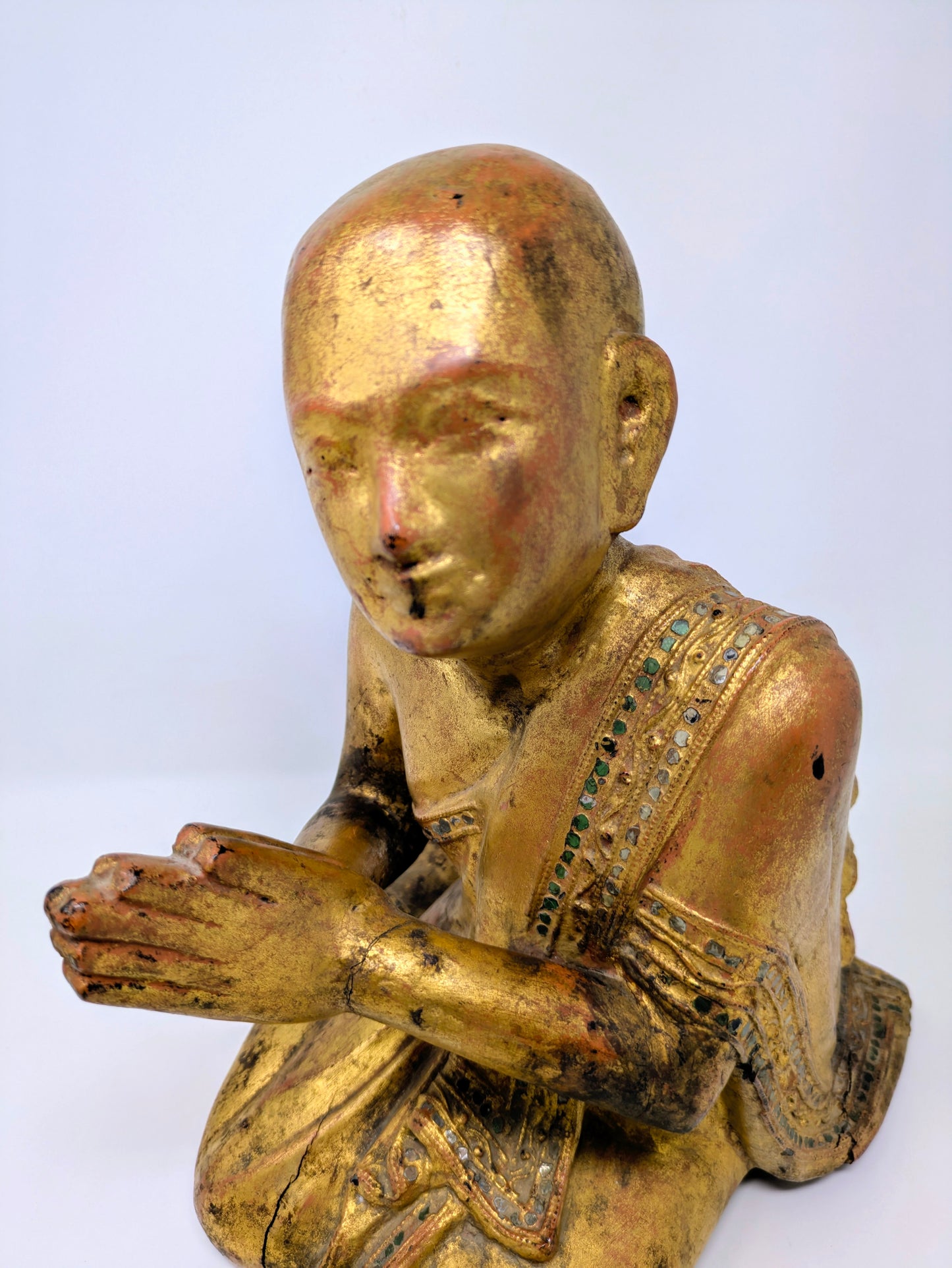 19th Century Burmese Lacquered Wood Statue: Moggallana