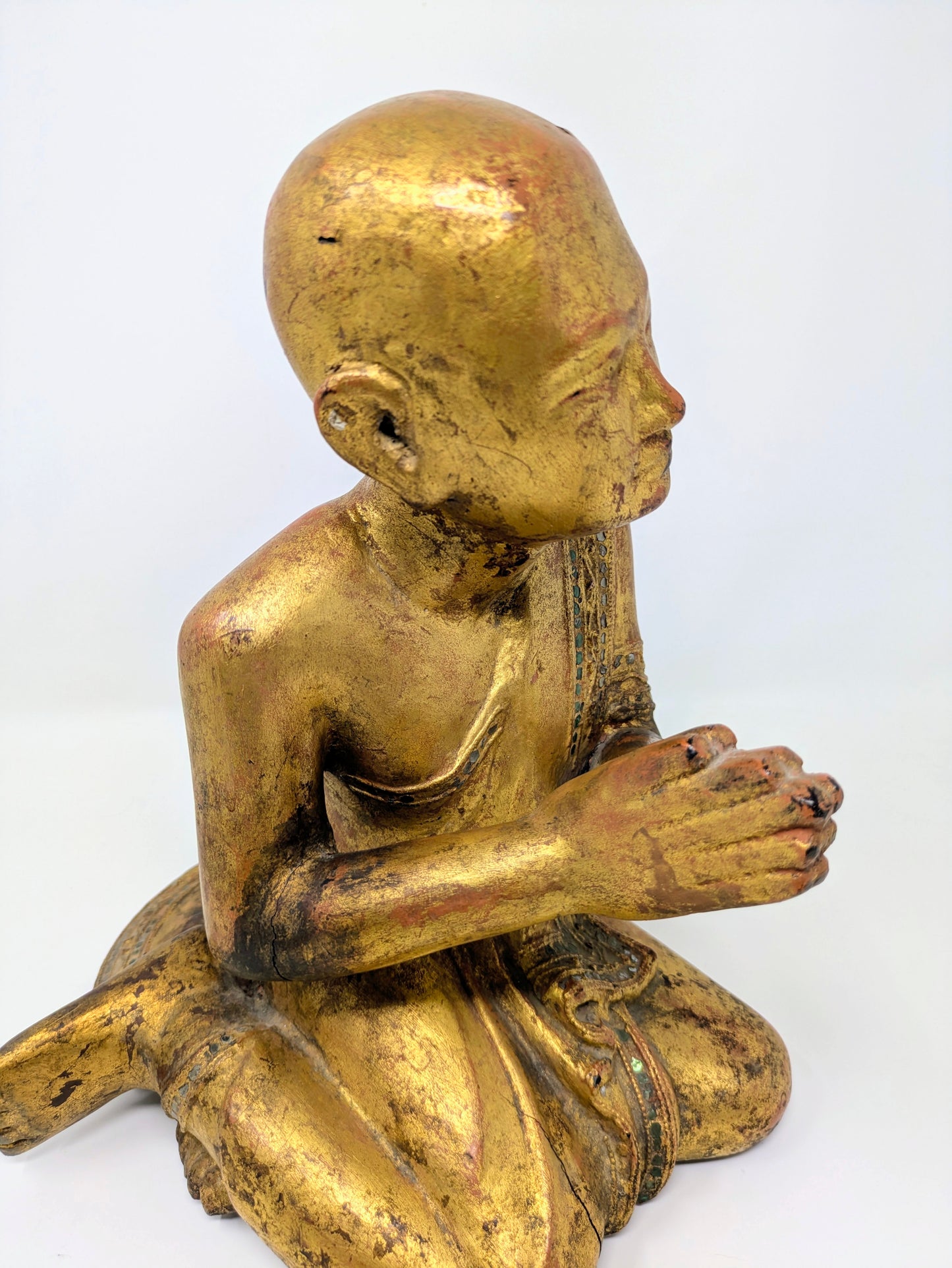 19th Century Burmese Lacquered Wood Statue: Moggallana