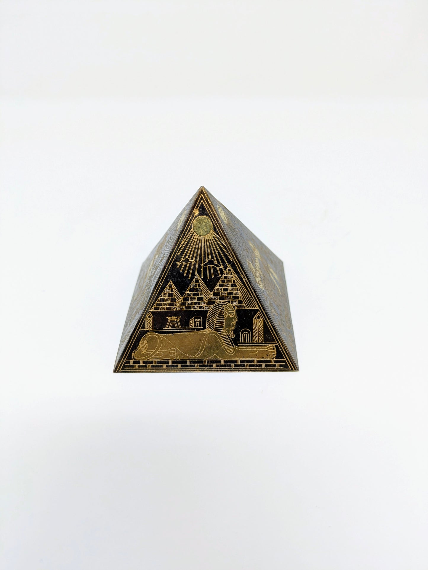 Egyptian Revival Engraved Brass Pyramid Paperweight
