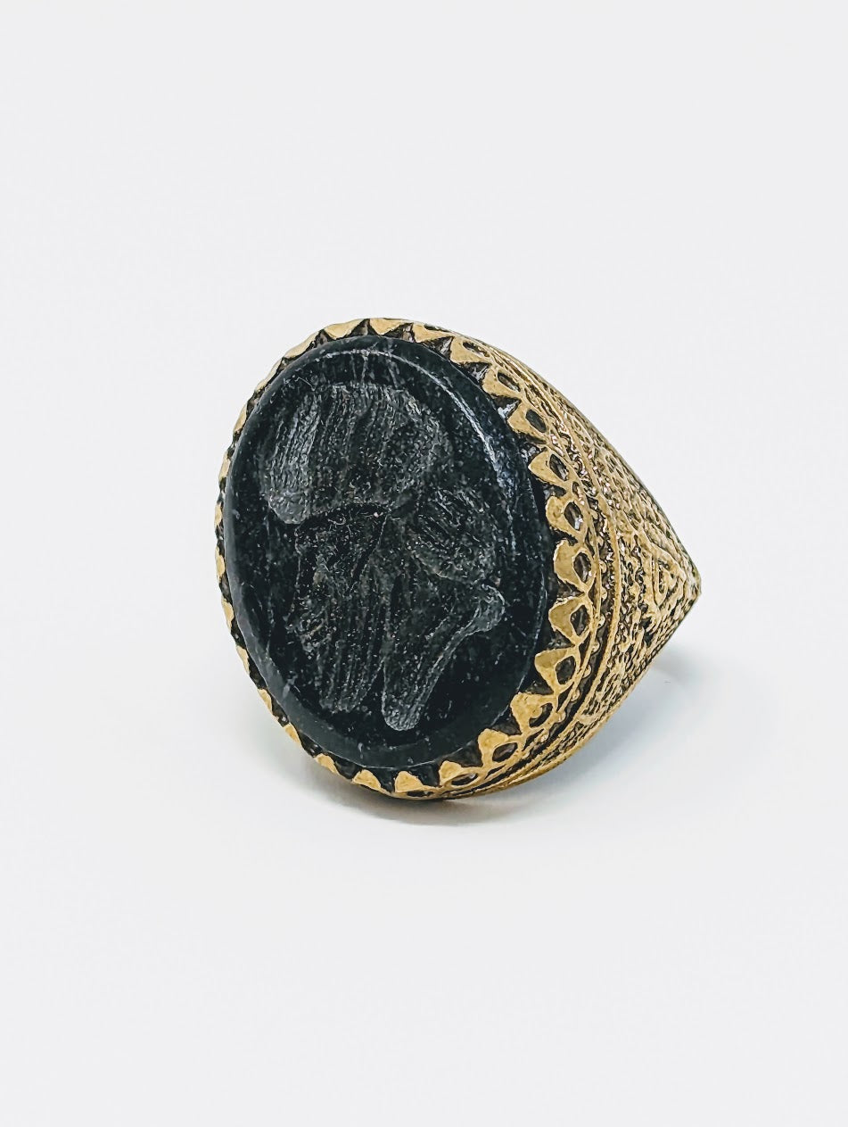 Antique Near Eastern Black Agate Intaglio Portrait Ring