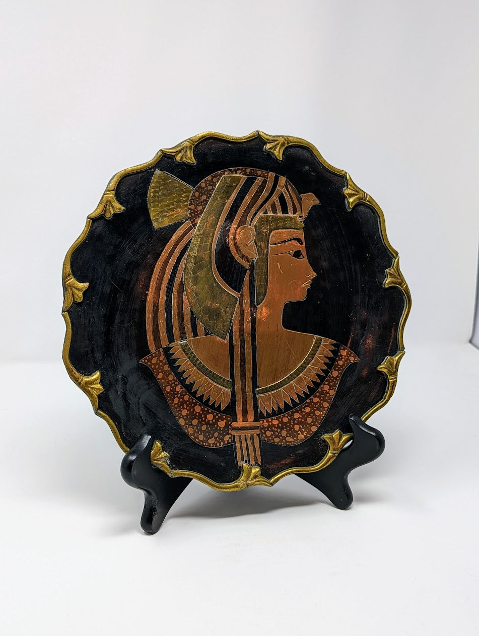1970s Egyptian Cleopatra Bronze Wall Plaque with Copper & Brass Inlay