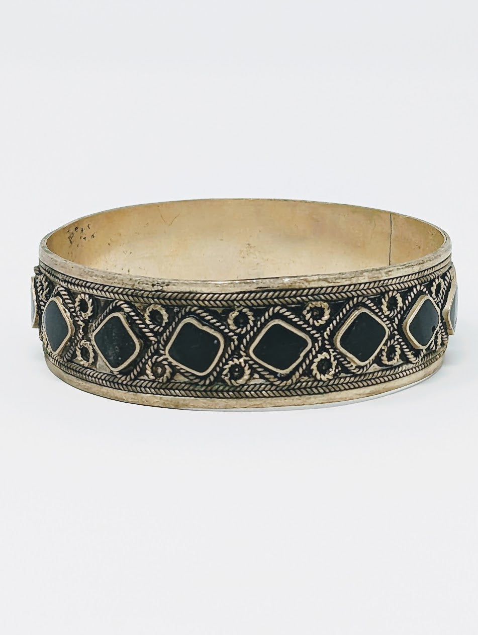 Antique Norse Silver & Black Resin Torc | Diamond & Rope Design