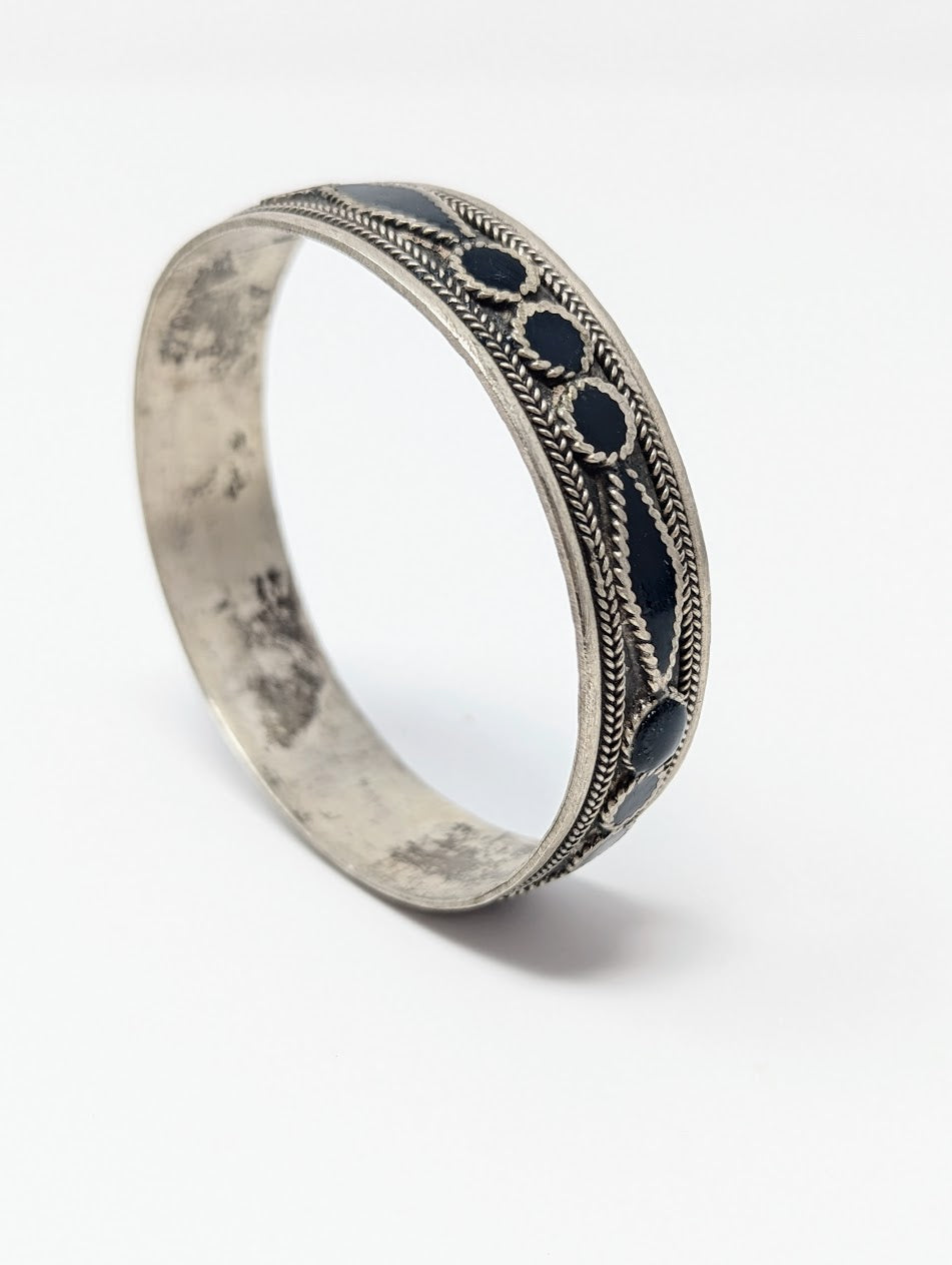 Antique Norse Hand-Carved Silver & Black Resin "Torc"