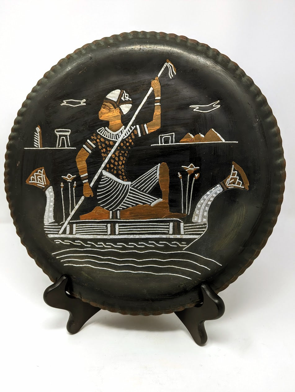 1960s Ancient Egyptian Etched & Stamped Copper Plate with Tin Inlay