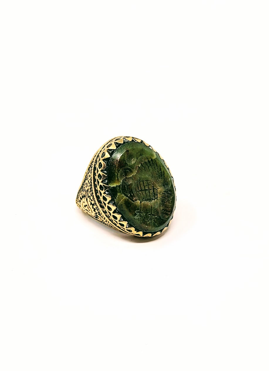 Antique Green Agate Near Eastern Intaglio Bird Ring