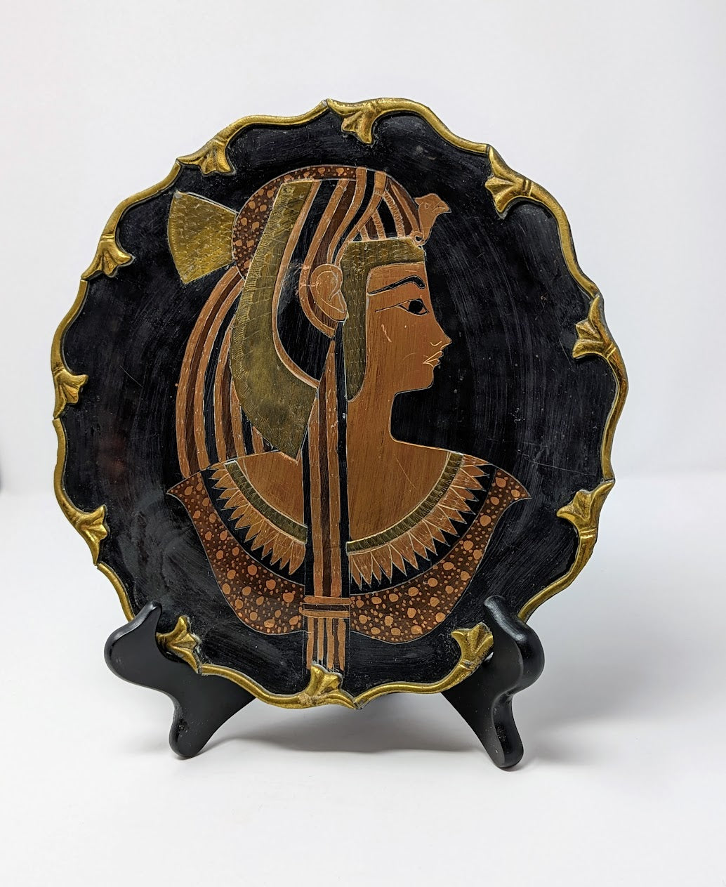 1970s Egyptian Cleopatra Bronze Wall Plaque with Copper & Brass Inlay