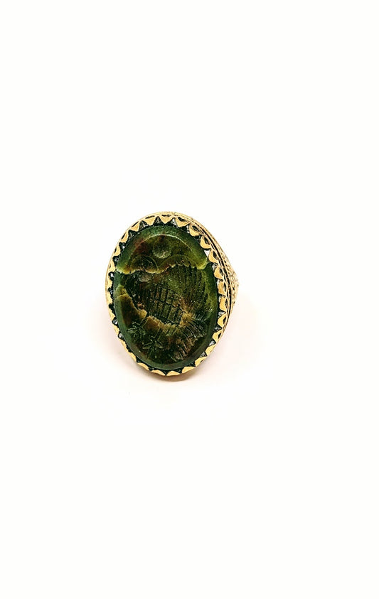 Antique Green Agate Near Eastern Intaglio Bird Ring