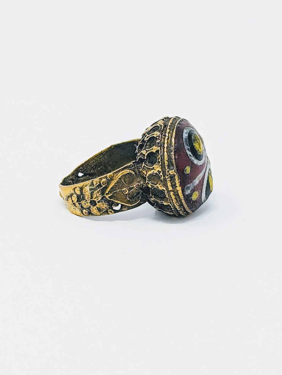 Antique Gold-Gilt Phoenician Ring | Red Mosaic Center-Stone (c. 300 A.D.)