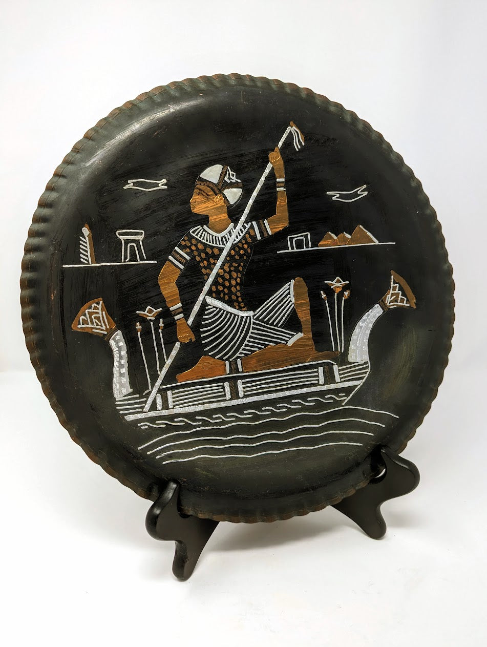 1960s Ancient Egyptian Etched & Stamped Copper Plate with Tin Inlay