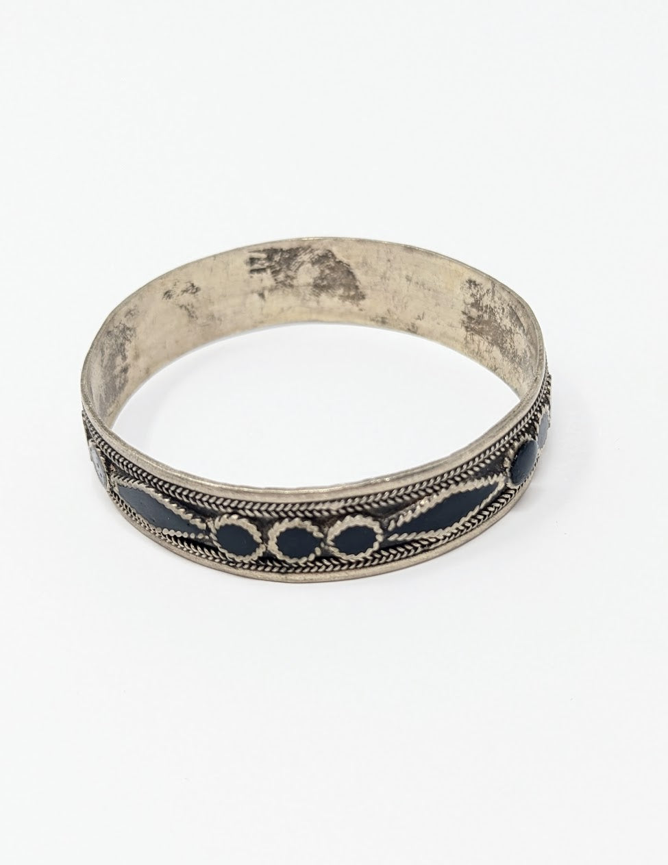 Antique Norse Hand-Carved Silver & Black Resin "Torc"