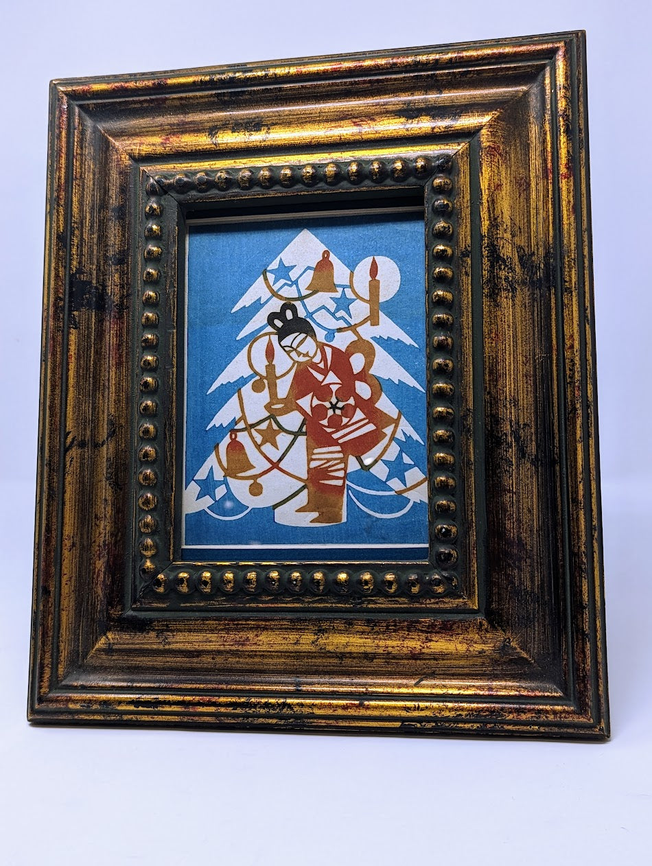RARE Vintage Japanese Geisha & Christmas Tree | Woodcut Print