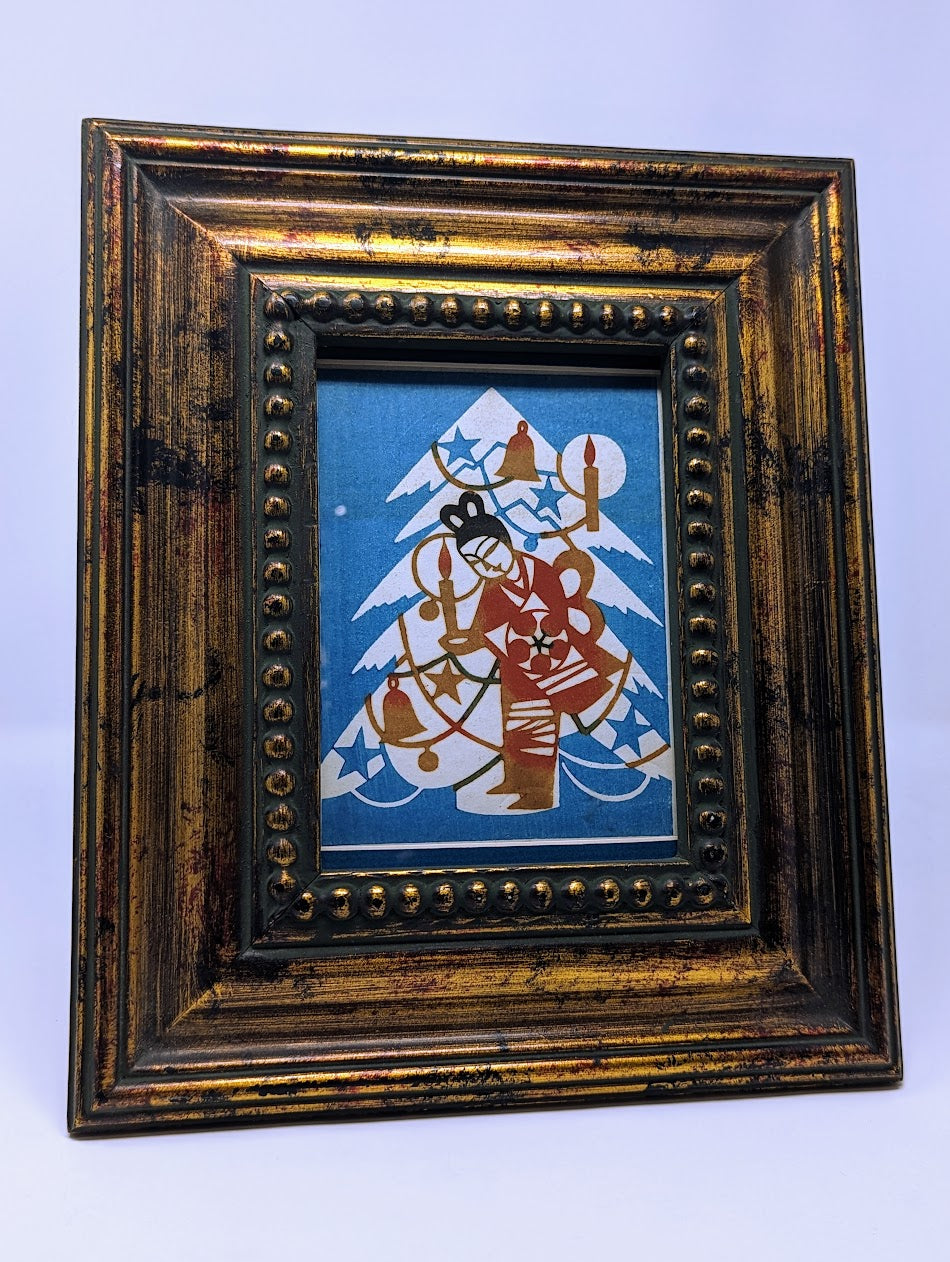 RARE Vintage Japanese Geisha & Christmas Tree | Woodcut Print