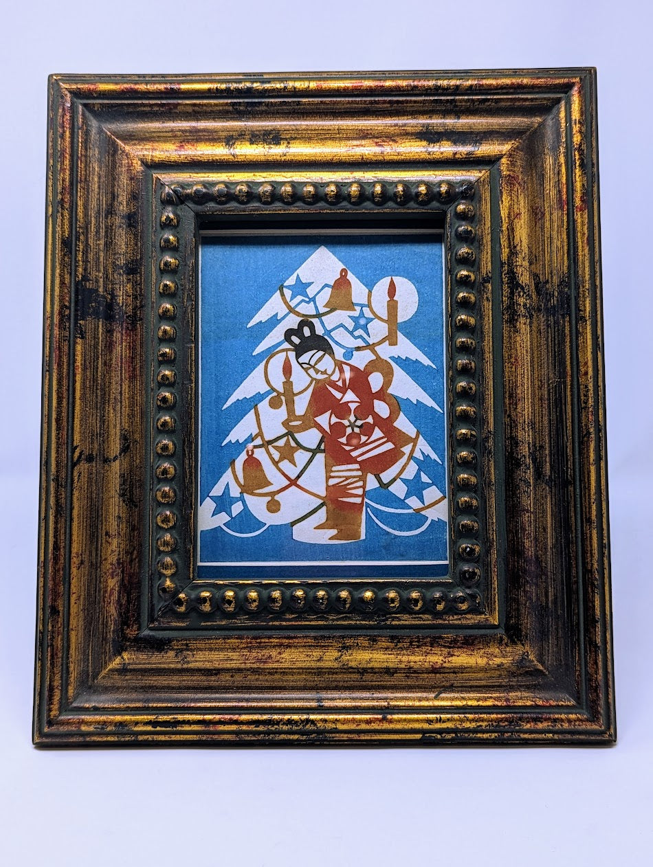 RARE Vintage Japanese Geisha & Christmas Tree | Woodcut Print