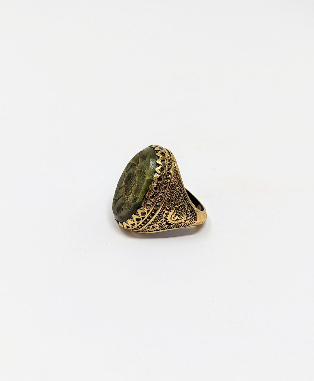 Antique Green Agate Near Eastern Intaglio Bird Ring