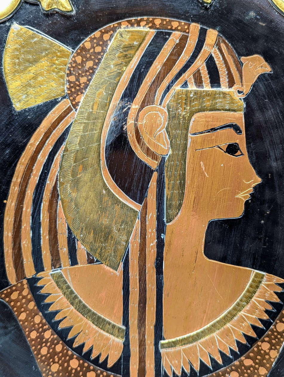 1970s Egyptian Cleopatra Bronze Wall Plaque with Copper & Brass Inlay