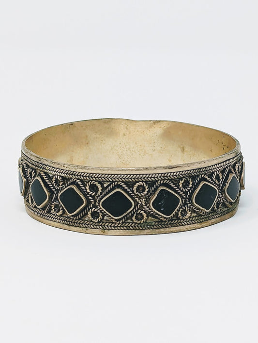 Antique Norse Silver & Black Resin Torc | Diamond & Rope Design