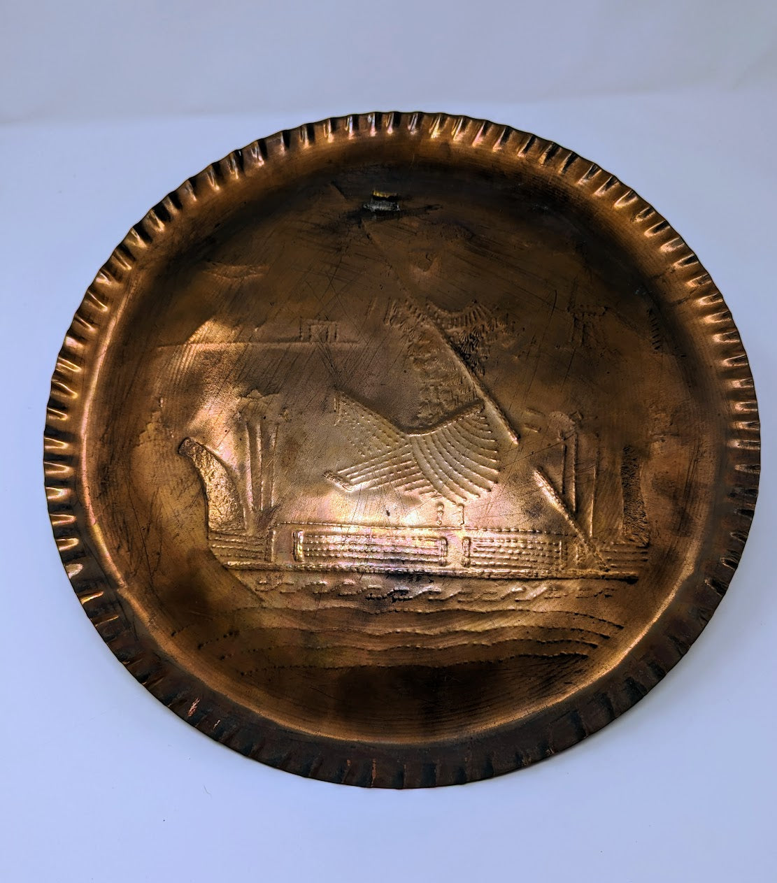 1960s Ancient Egyptian Etched & Stamped Copper Plate with Tin Inlay