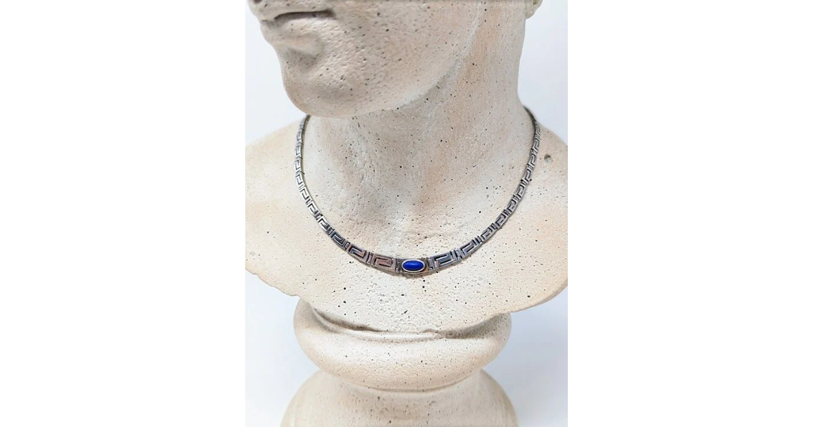 Vintage Unisex Silver Greek Key Design Necklace with Lapis Lazuli Center-Stone