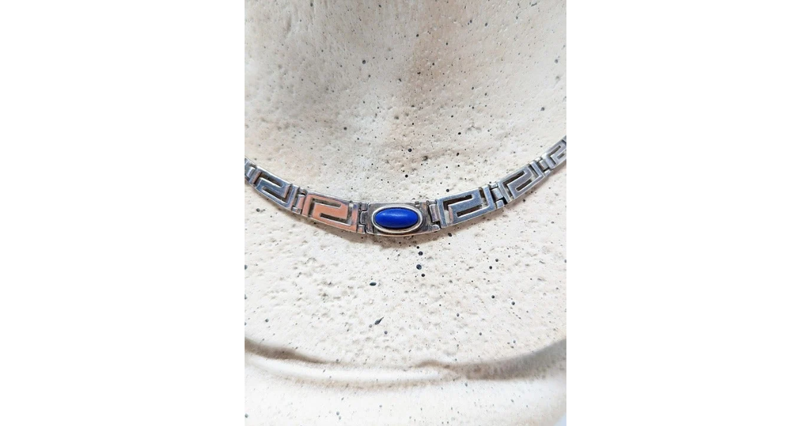Vintage Unisex Silver Greek Key Design Necklace with Lapis Lazuli Center-Stone