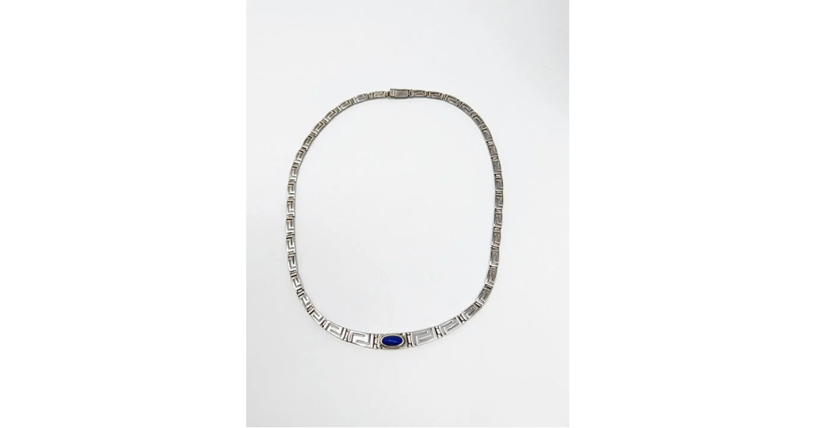 Vintage Unisex Silver Greek Key Design Necklace with Lapis Lazuli Center-Stone