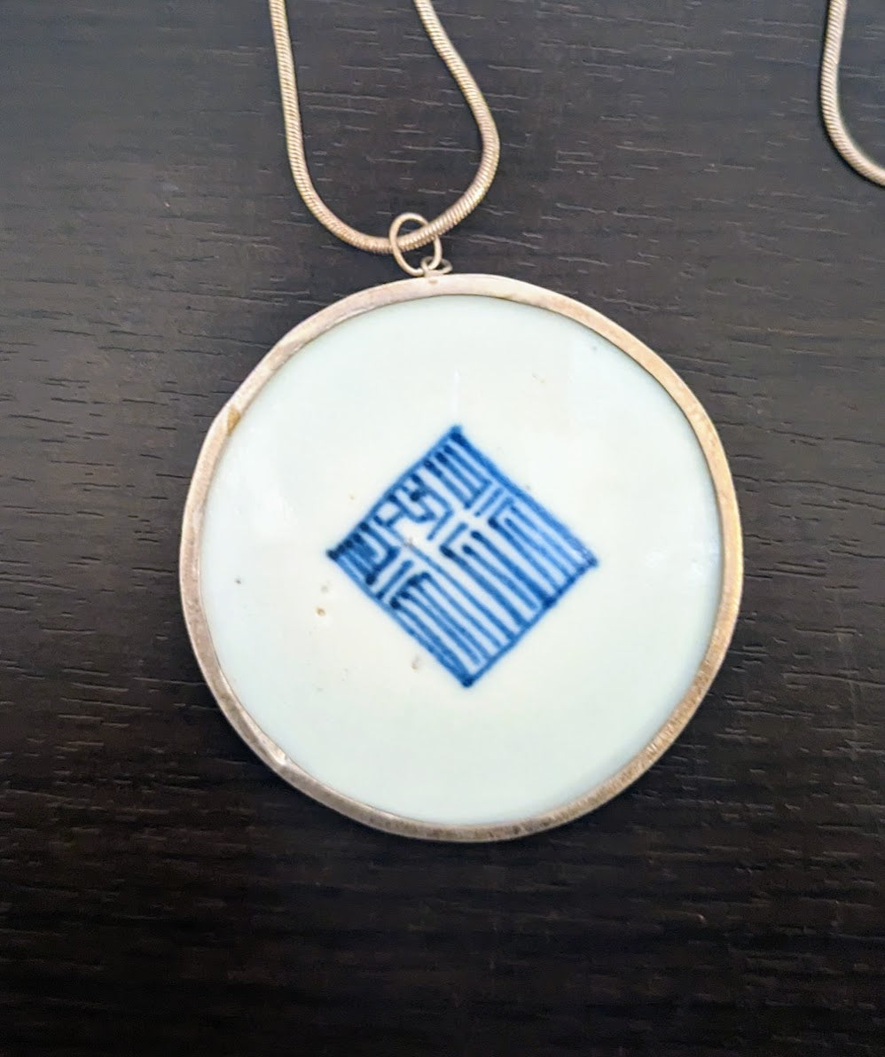 Antique Chinese Porcelain Shard & Sterling Silver Pendant