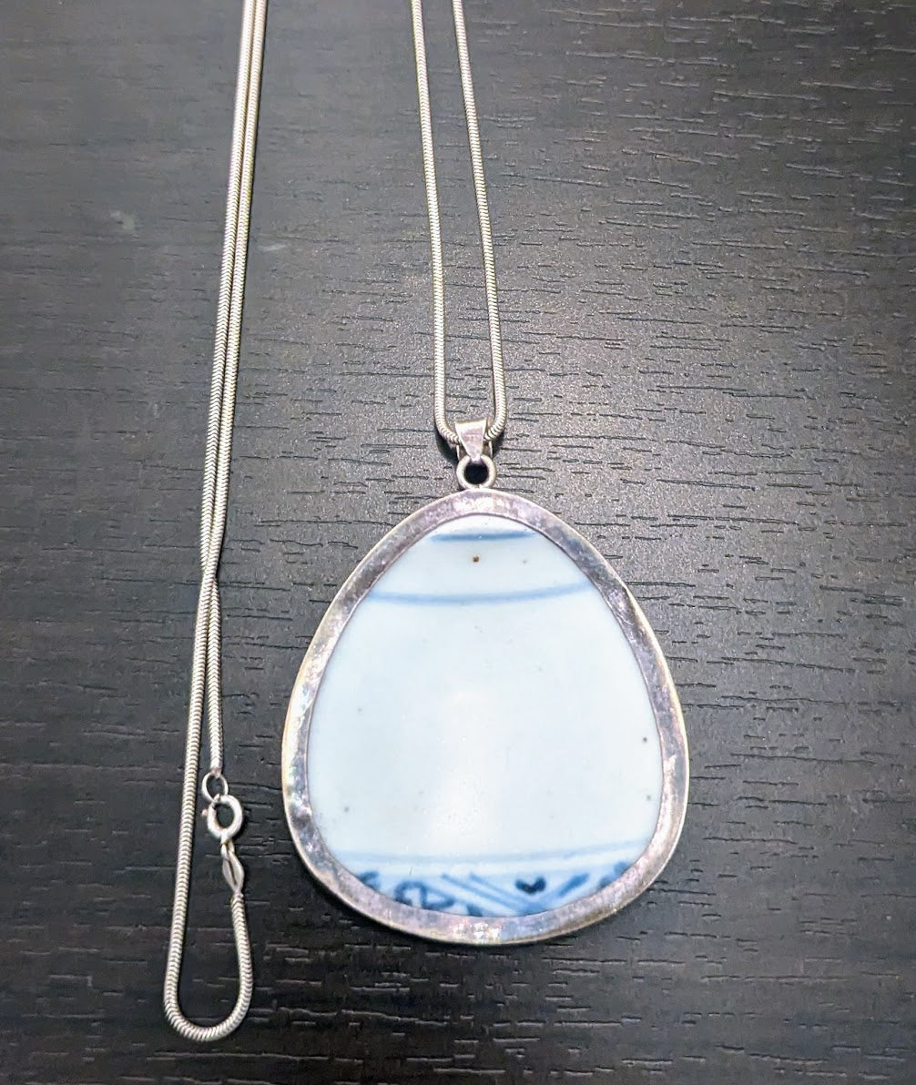 Antique Chinese Curved Porcelain Shard & Sterling Silver Pendant