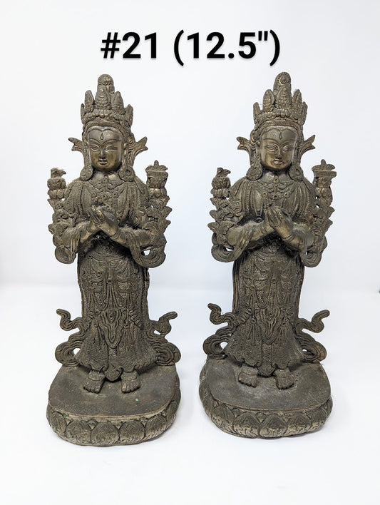 Vintage Silver Alloy Nepalese Standing Maitreya Statues: Dharmachakra Mudra