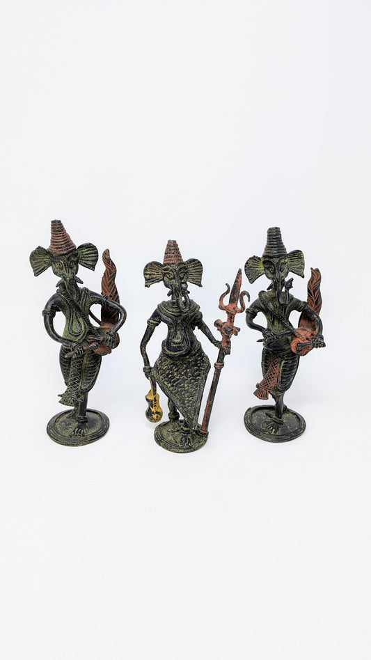 Antique Indian Folk Art: Hindu God Lord Ganesha (3 Statues)