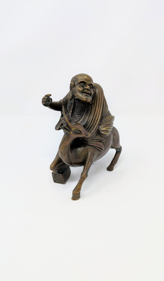 Antique Chinese Bronze Sculpture: Arhat on Deer