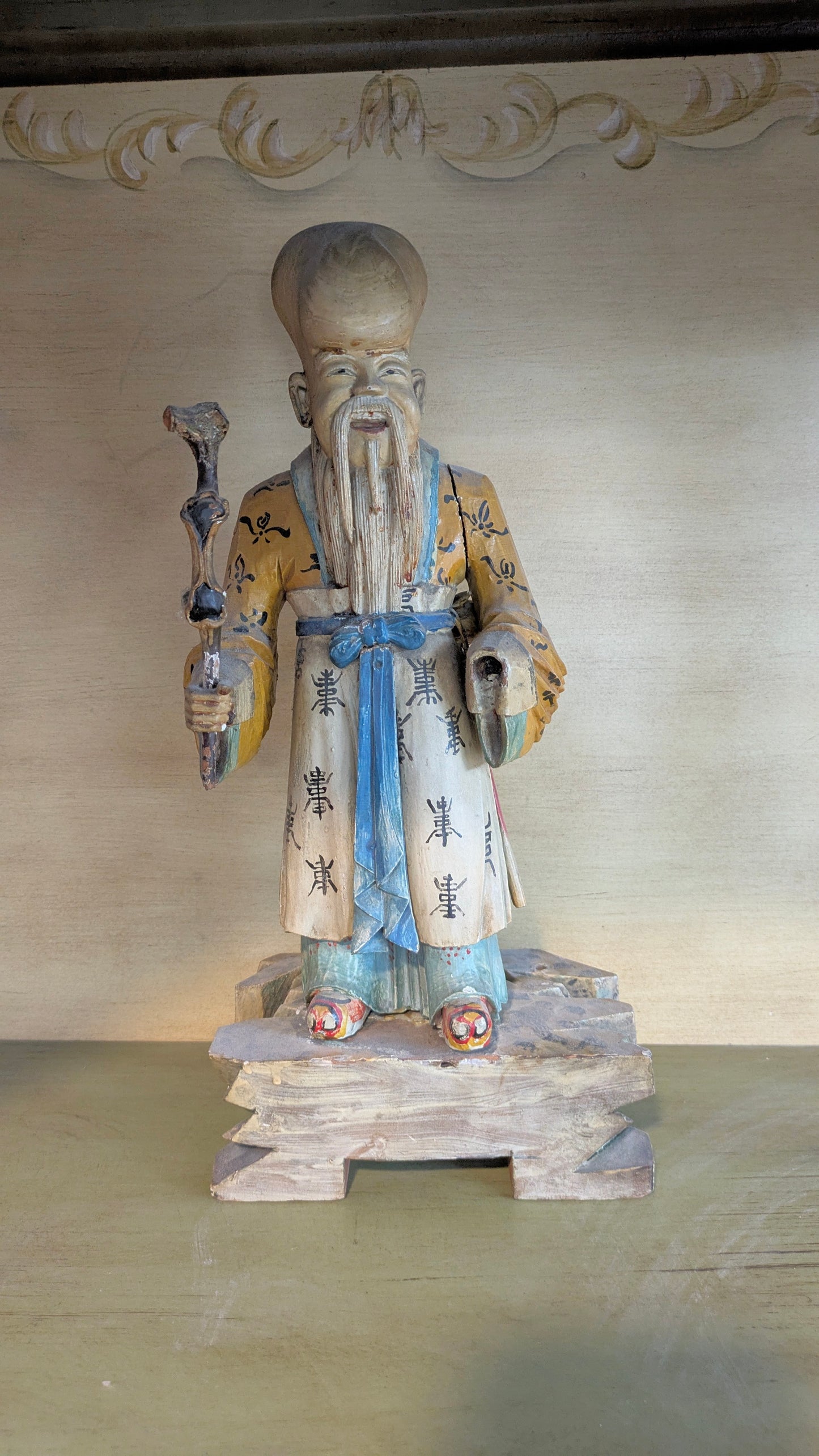 Antique Chinese Hand-Carved Statue of Shou Lao