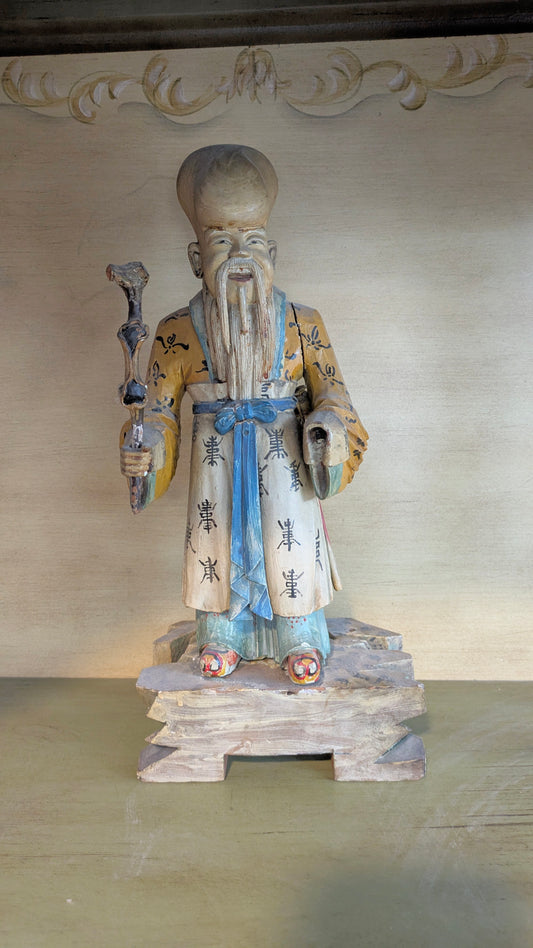 Antique Chinese Hand-Carved Statue of Shou Lao